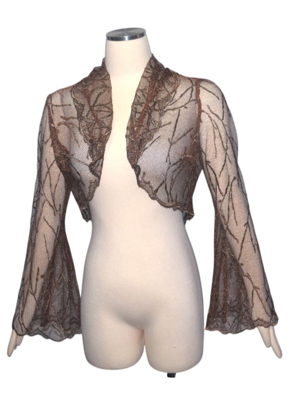 Y2K Style Fairycore Mesh Bolero Shrug Metallic Copper Bell Sleeve Open Front